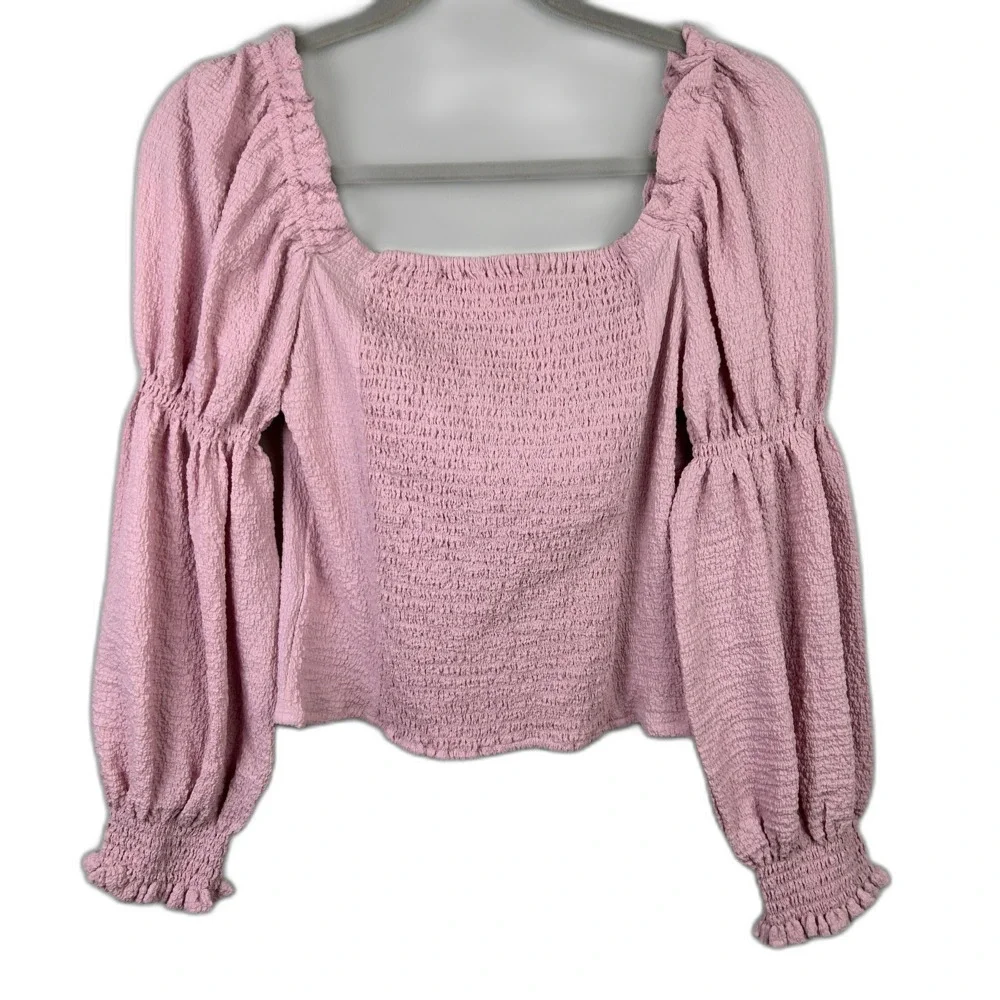ASTR the Label Lilac Pink Puff Long Sleeve Ruched Bust Top Smocked Blouse sz M